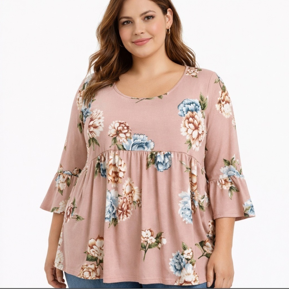 Women’s Babydoll Tunic soft knit Floral Pink 3x 3/4 Bell Sleeves Boho Emerald